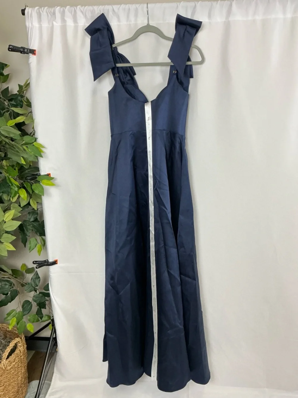 ALFRED SUNG Midnight Navy Satin V-Neck Maxi Gown with Shoulder Bows - Picture 3 of 7